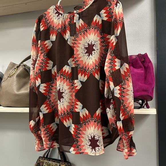 LOFT L/S Chiffon 'Garden Smocked Ruffle  Blouse' - Large Brown Coral - Picture 5 of 8